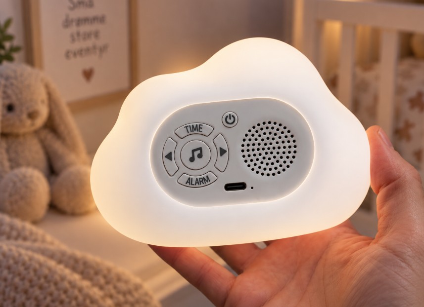 Jeg holder Noomu søvntræner og natlampe i hånden